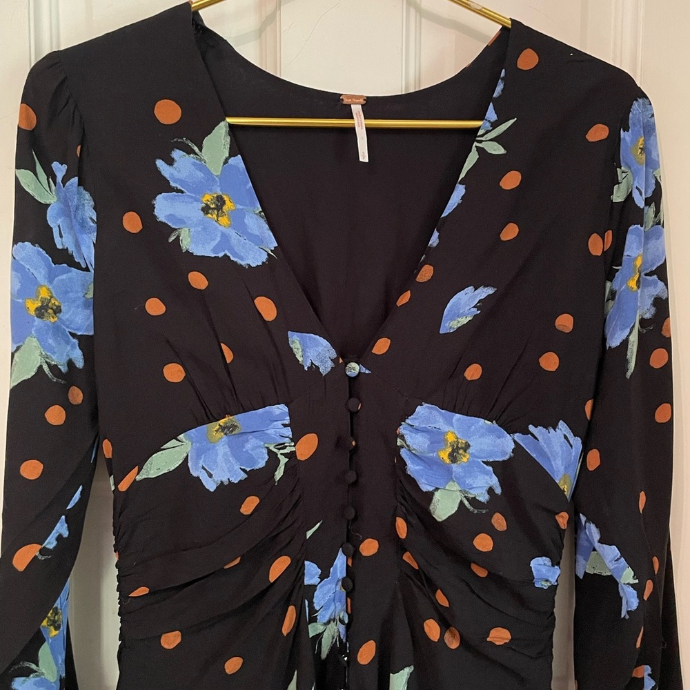 FREE PEOPLE Date Night Mini Black Floral Polka Dot Moonlight Dress. Size Small - Picture 9 of 13
